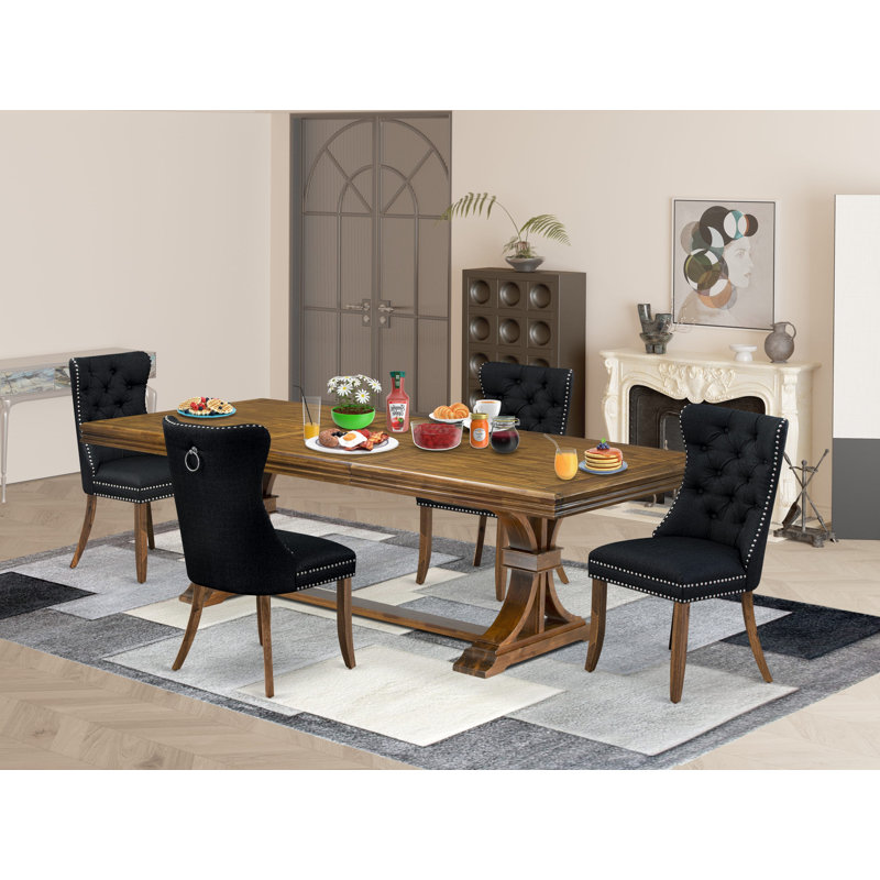5 Pieces Modern Dining Set Includes a Rectangle Kitchen Table and 4 Black Polyester fabric Dining Chairs, Antique Walnut