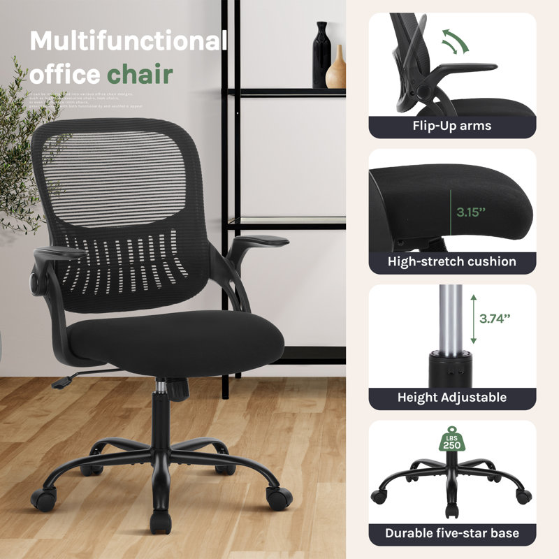 Azaryia Ergonomic Mesh Commercial Office Chair With Flip-Up Armrest, Black, Black