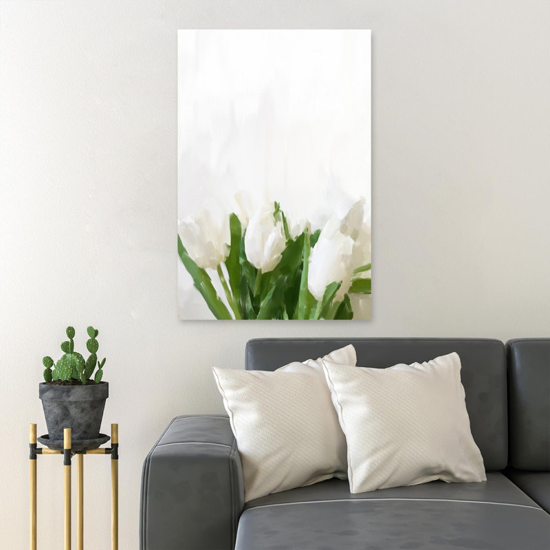 Tulipes blanches sur fond blanc - 1 pièce, reproduction d'art graphique sur toile tendue, H 20 po x l 16 po