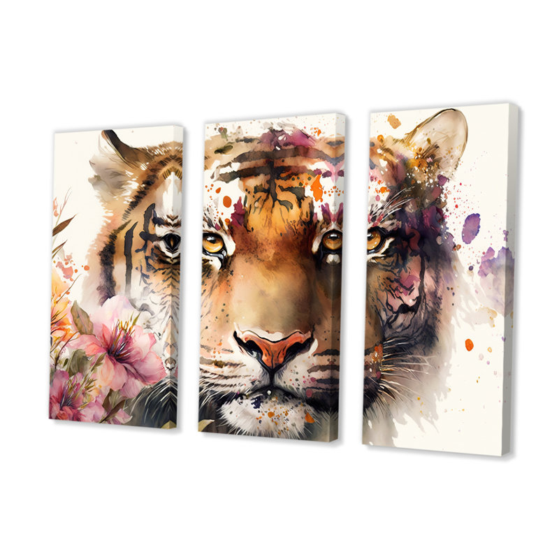 Portrait de tigre avec fleurs I - reproduction de 3 pièces sur toile, H 28 po x l 36 po x P 1 po, Toile tendue