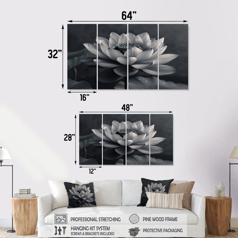 Lotus gris photo élégante silhouette III - ensemble de décoration murale lotus, H 32 po x l 64 po