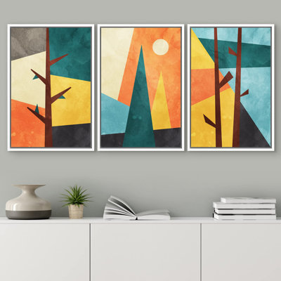 " Geometric Art Deco Vibrant Forest Collage Abstract Illustrations Modern Art Boho Decor Colorful " 3 - Pieces
