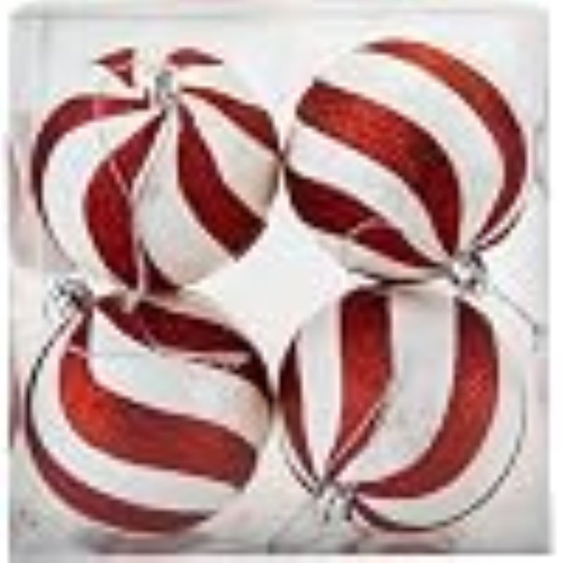 Red & White Candy Stripe Christmas Baubles Shatterproof Plastic Tree Decorations, 6 Pack, 10cm H x 10cm W x 10cm D
