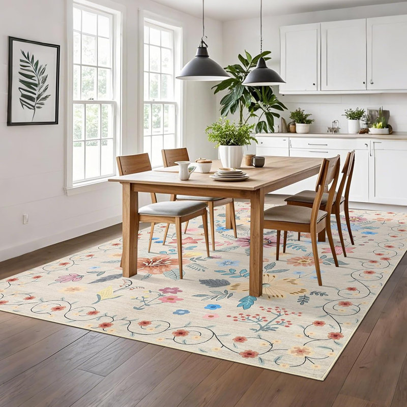 Rug Kitchen Floral Rug for Hallway Bedroom, Soft Thin Indoor Low Pile Flower Carpet with Non Slip Backing, Rectangle 9' x 12'