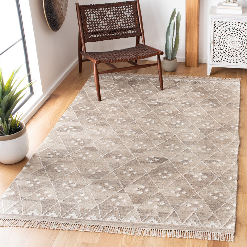 Natural Kilim Hand Woven Wool/Viscose/Cotton Geometric Rug in Natural Beige/Ivory, Rectangle 8' x 10'