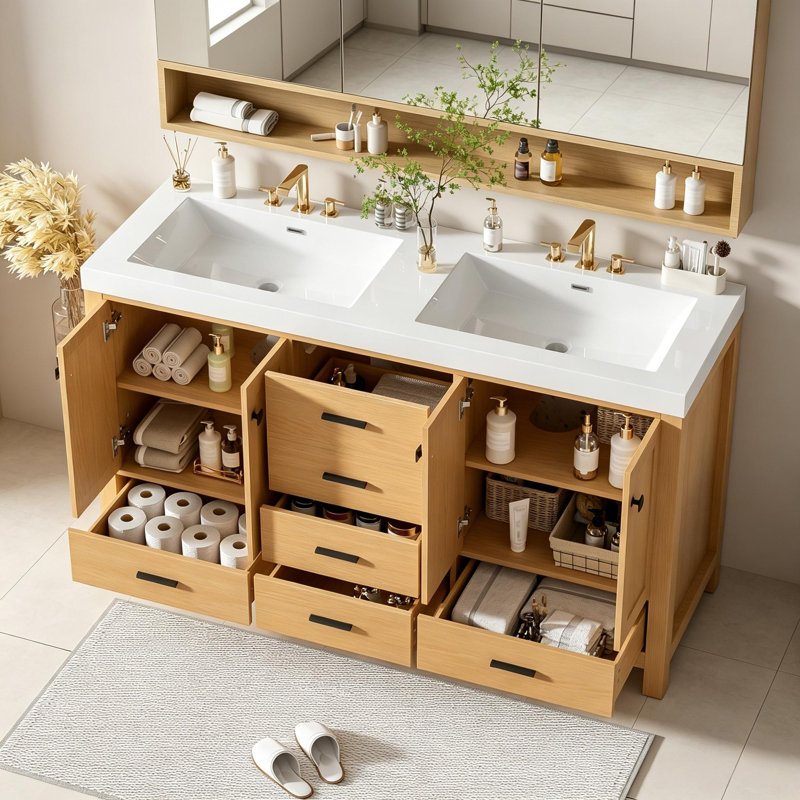Meuble-lavabo 59,3 po avec armoire en bois, 2 lavabos en résine SMC, 4 portes, 5 tiroirs, tablettes réglables, poignées noires