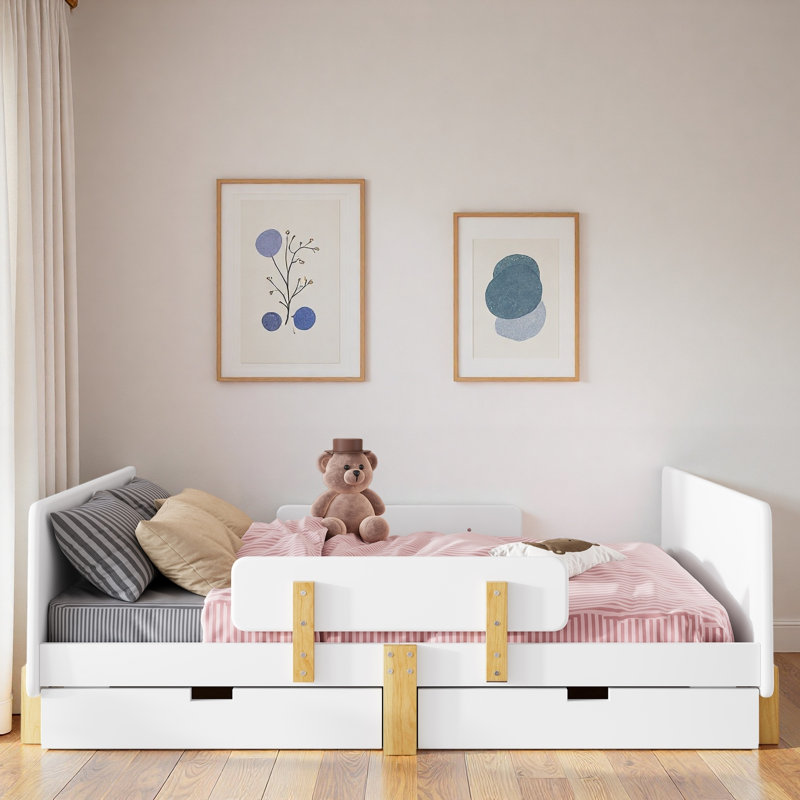 Lit plateforme avec tiroirs de rangement, garde-corps, petite tablette et crochets, Blanc clair, Lit double