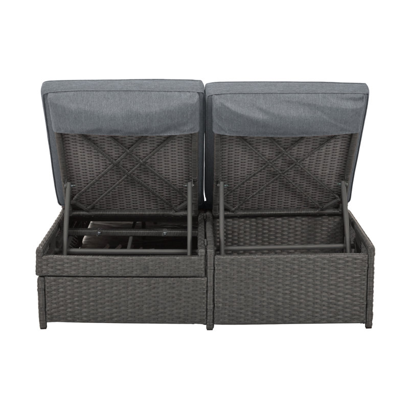 Outdoor Double Sunbed, Wicker Rattan Patio Reclining Chairs With Adjustable Backrest And Seat, Conversational Set For 2 Person, Patio Furniture