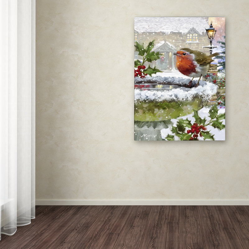 Robin On Birdbath Winter Scene Gallery-Wrapped Canvas Art