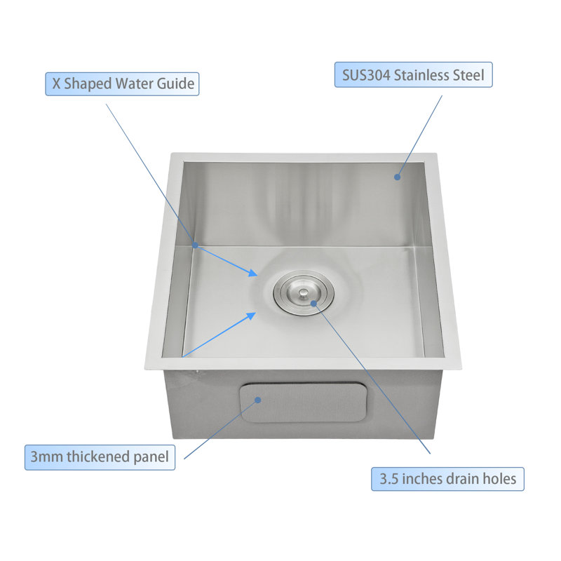 Single Bowl Stainless Steel Kitchen Sink, Brushed, 18, 9" H x 17" W x 15" L