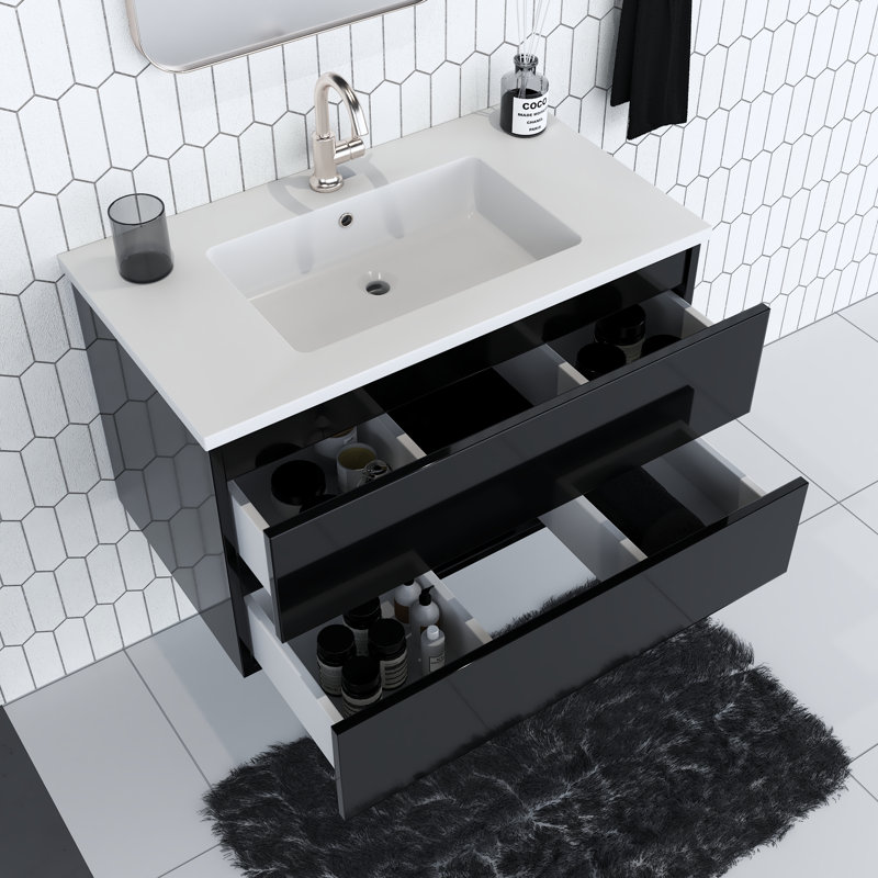Salt 36'' Single Bathroom Vanity with Resin Top, Glossy Black