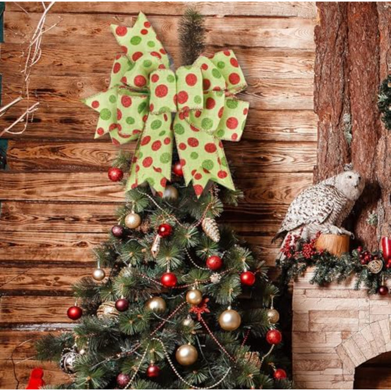 Nœuds rustiques en toile de jute à pois verts et rouges pour couronnes, sapins de Noël et décorations des fêtes (9,5 x 13 pouces)