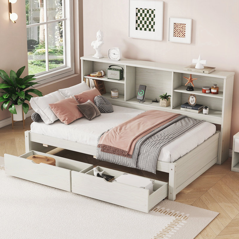 Bed Frame With Side Bookshelves, Two Drawers, And Built-in USB Port, Creamy White