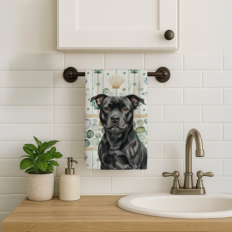 Black Staffordshire Bull Terrier Coastal Sea Glass Kitchen Towel, Black Staffordshire Bull Terrier