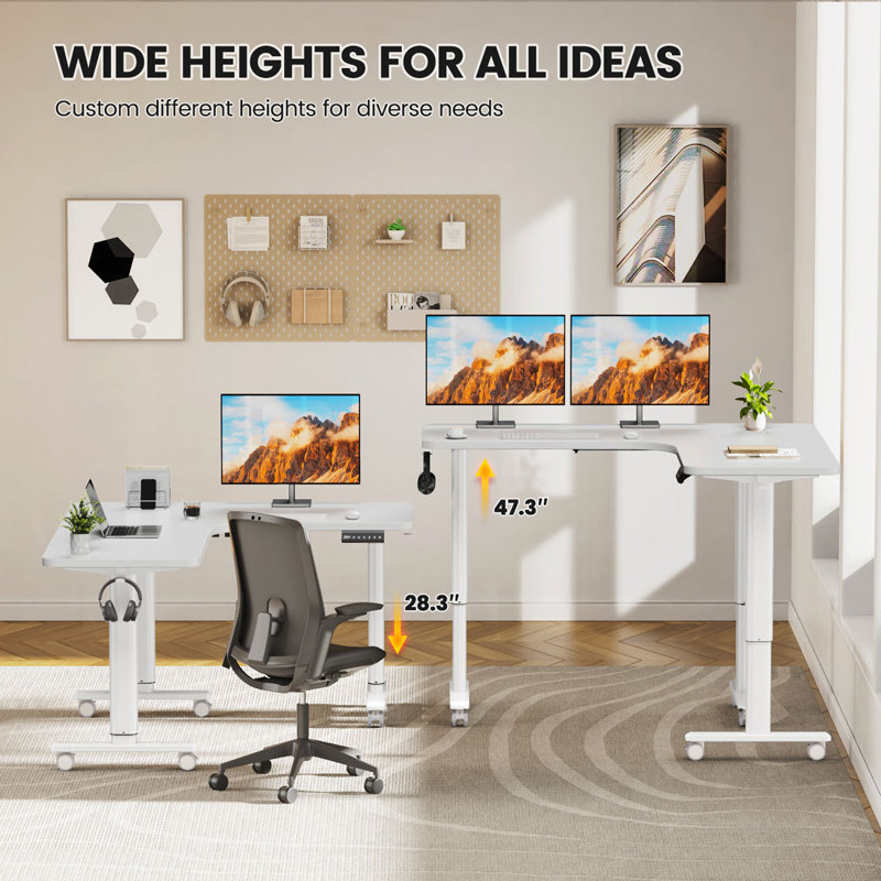 Electric L Shaped Standing Desk Adjustable Height, 63" X 55" Home Office Desk, White