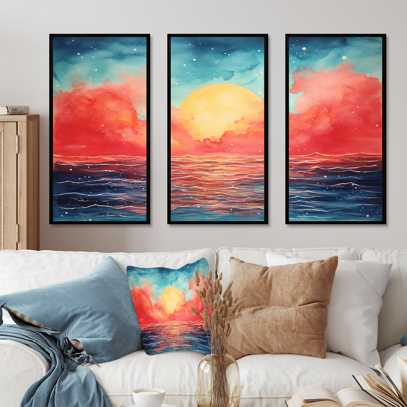 Lac à la symphonie du lever du soleil - minimalisme, art mural, Cadre flottant noir, H 32 po x l 48 po x P 1 po