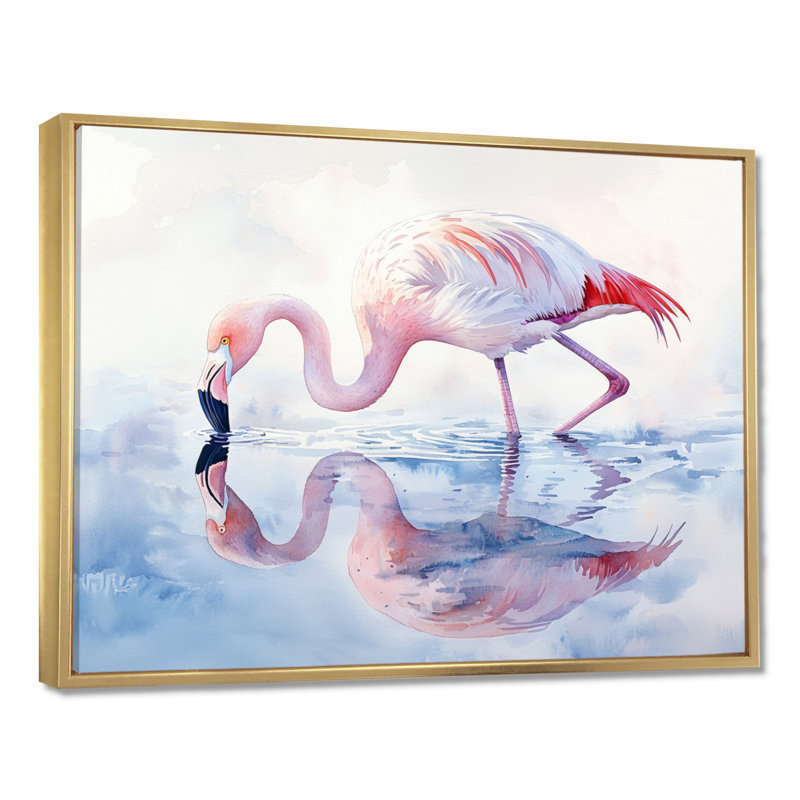 Flamingo Reflections - art mural flamant, H 34 po x l 44 po, Cadre flottant, Doré