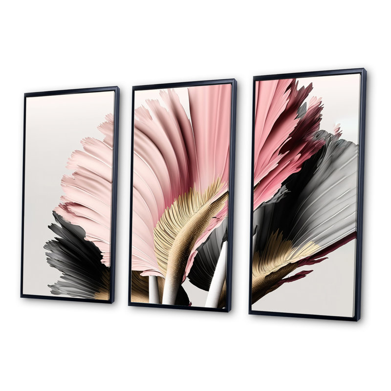 Gerbera rose et grise, fleurs hyperréalistes - 3 pièces sur toile, Cadre noir, H 28 po x l 36 po x P 1 po