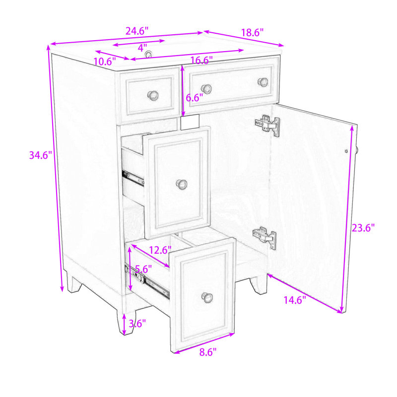 Chic 24-Inch 2 Drawers Bathroom Vanity with Ceramic Sink and Space-Saving Design, White, Silver