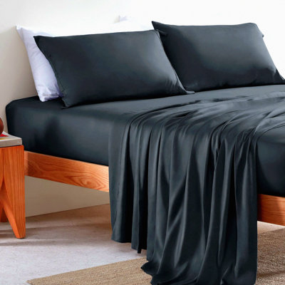 CoolSilk Luxury Queen Bed Sheet Set - Silky Soft Breathable Sheets, Pilling Free & Fade Resistant, Deep Pocket 16", Dark Grey - 4 Piece Set with Fitted Sheet, Flat Sheet, and Pillowcases