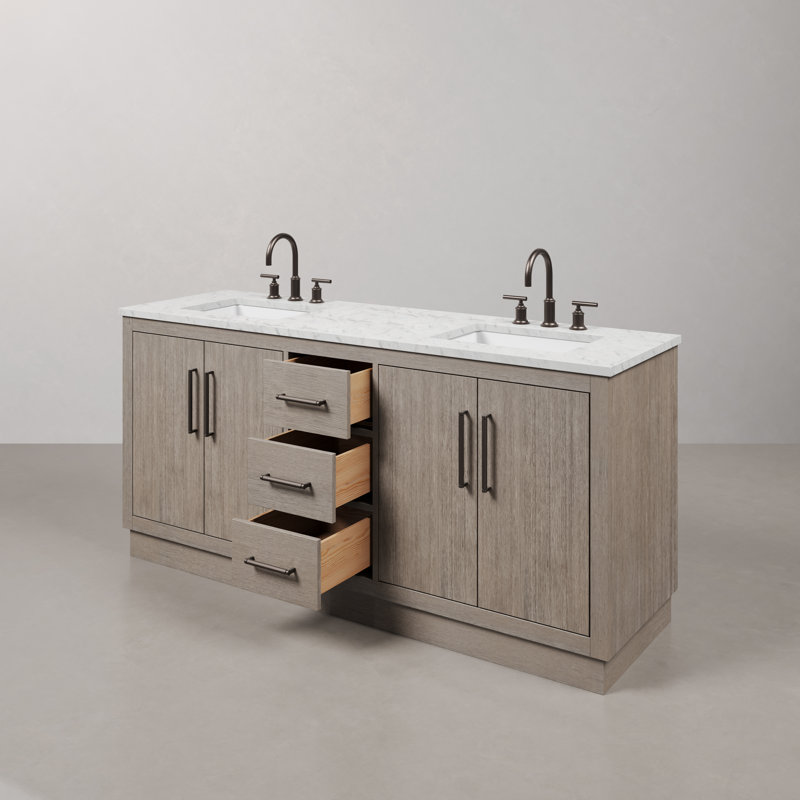 Hugo 72 In. Double Sink Carrara White Marble Countertop Vanity In Grey Oak With Gooseneck Faucets, Oil-Rubbed Bronze