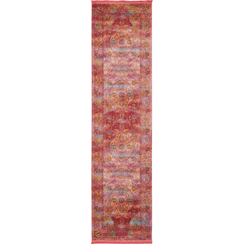 Tapis à motif oriental rouge Folmar, Tapis de couloir 2 pi 7 po x 10 pi