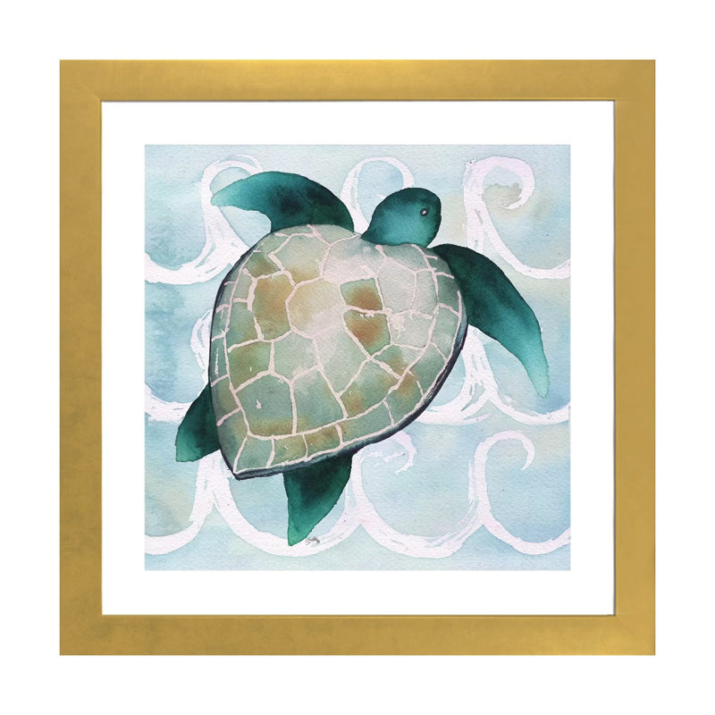 «Sea Creatures on Waves III» par Elizabeth Medley - reproduction d'art, H 24 po x l 24 po x p 1 po, Papier encadré doré