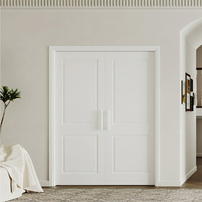 Slab Double Doors - 2 Panel Shaker Style Hollow-Core White Interior Pantry Door With Double-Door Hardware Set (Lightweight & Paintable)
