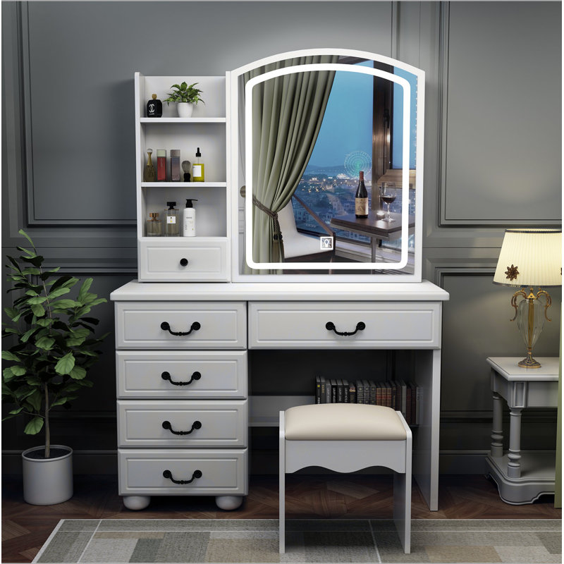 Petit meuble-lavabo avec miroir - ensemble de coiffeuse avec coiffeuse, chaise, tiroirs, petite coiffeuse mignonne pour le salon de la chambre des filles