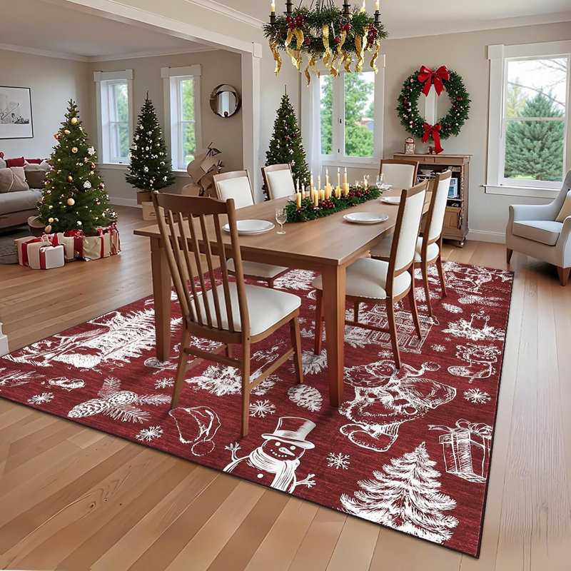 2x6 Christmas Runner Rug – Washable, Non-Slip, Low Pile, Soft Xmas Printed Carpet for Hallway, Bedside (Red)