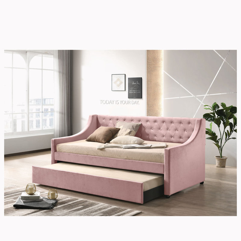 Elanah Upholstered Daybed with Trundle, Botton Tufted Design Bed, Pink, Full / Double