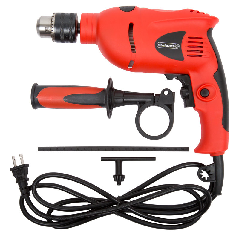Stalwart 2-in-1 Impact Driver and Power Drill - 5.0 Amp 120 Volt Hammer Drill with Chuck Wrench, Depth Rod, and Removable 360 Pistol Grip Handle