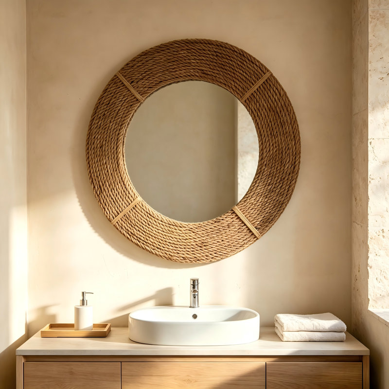 Miroir circulaire en corde de chanvre tissé à la main 24 pouces - Décoration murale décorative pour le salon, la salle de bain et la chambre à coucher | Style bohème naturel
