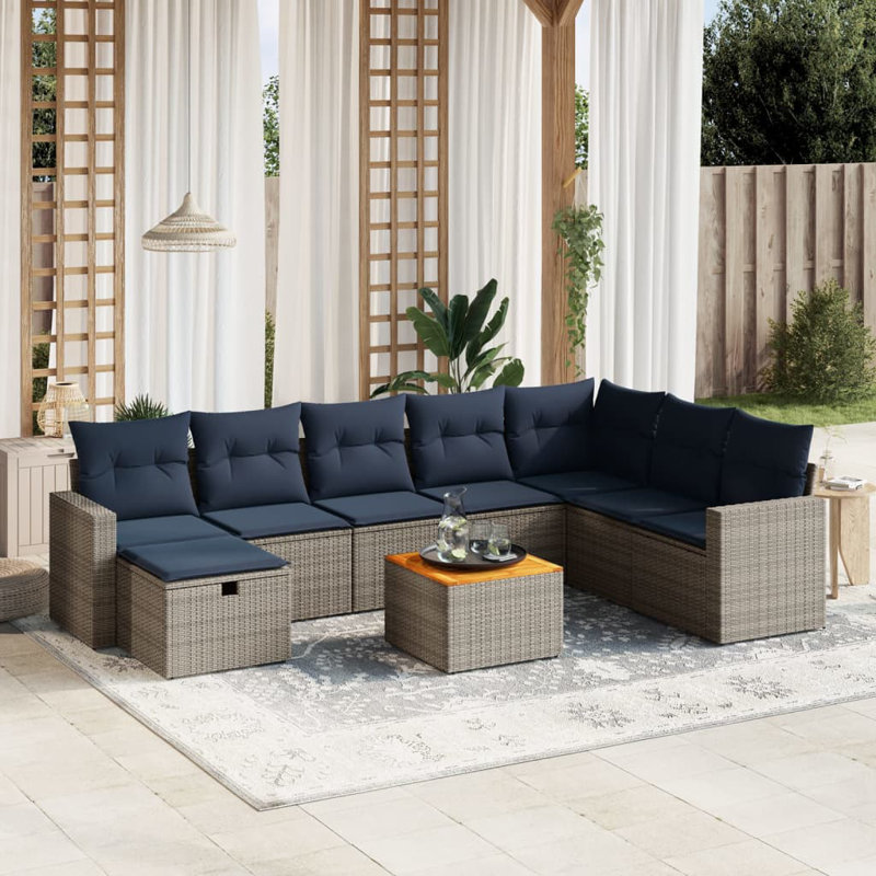 Ensemble de canapé de patio 9 pièces avec coussins en rotin de polyester, Gris, Marine