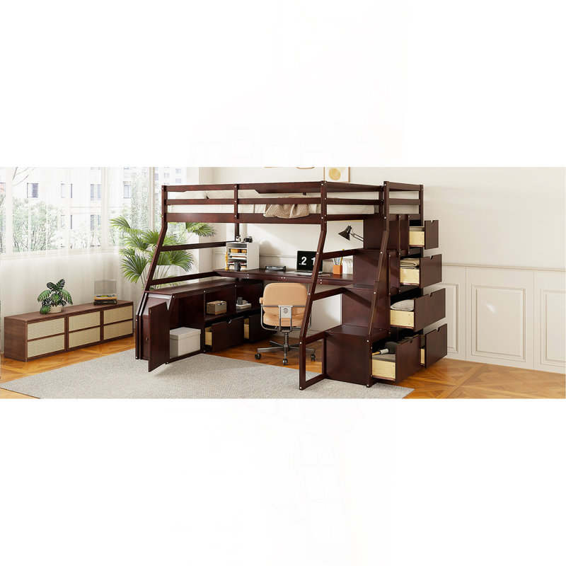 Lit mezzanine double avec 7 tiroirs, 2 tablettes et bureau - Espresso