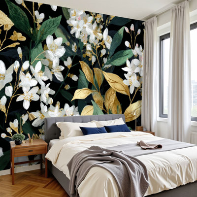 Papier peint adhésif chinois à motif de feuilles noires classiques chinoises Moody foncé, aquarelle murale à motif d'aquarelle H 100 po x l 144 po, papier peint amovible en PVC pour chambre à coucher, bureau à domicile