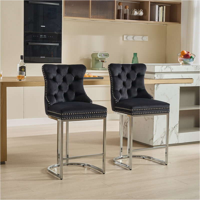 25" Counter Height Bar Stools Set Of 2, Modern Velvet Barstools With Button Back&Rivet Trim Upholstered Kitchen Island Chairs With Sturdy Chromed Metal Base Legs Farmhouse Bar Stools,