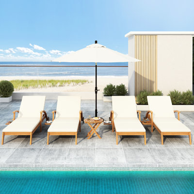 Wood Chaise Lounge With Wheels And Removable Cream Cushion, 4 - Position , Weather , For Garden Patio