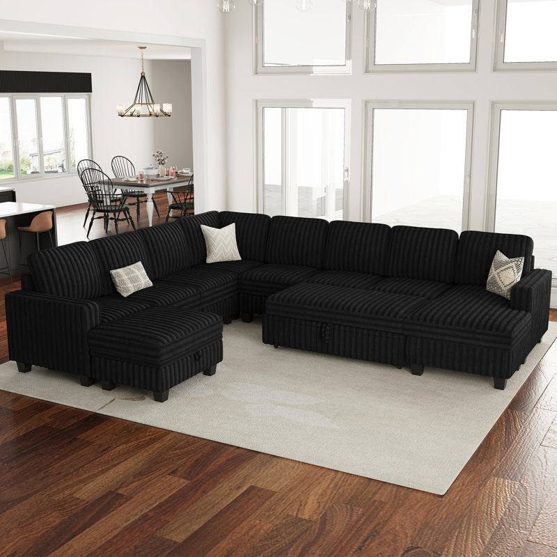 Short Plush Fabric Oversized U - Shaped Modular Sectional Sofa, Storage Sofa, Soft Upholstery, Black Faux Fur