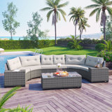 8-Pieces Outdoor Wicker Round Sofa Set, Half-Moon Sectional Sets All Weather, Curved Sofa Set With Rectangular Coffee Table, PE Rattan Water-Resistant And UV Protected, Movable Cushion
