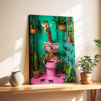 Girafe amusante lisant le journal sur des toilettes roses, décoration murale maximaliste pour salle de bain, grande toile tendue sur châssis pour salon ou chambre