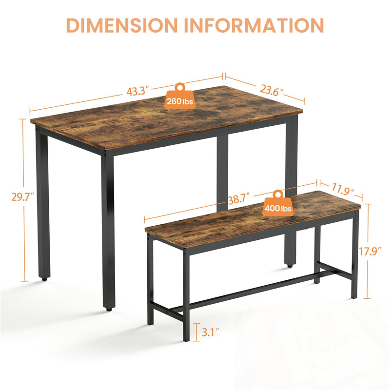 3 pièces Aadi avec 2 bancs de salle à manger, Brun