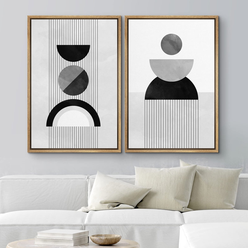 Gris, noir et blanc, demi-cercles et lignes, formes abstraites, groupe minimaliste moderne, détente, calme, 2 pièces, Naturel