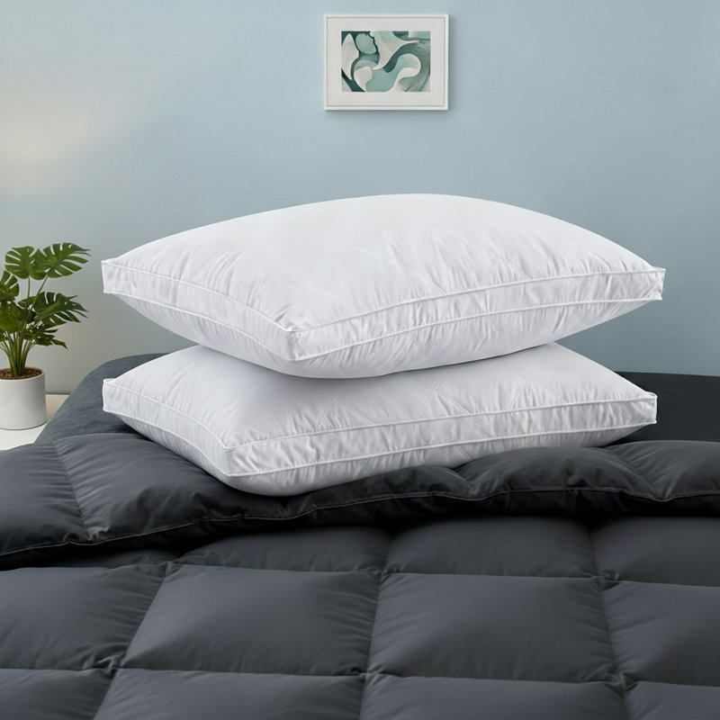 Set of 2 Gusset Goose Feathers Bed Pillows Peach Skin Cover, King Size Bed Pillow, King