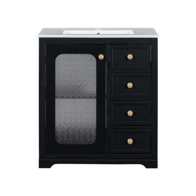 Meuble-lavabo de 30 pouces avec porte en verre à fermeture en douceur, tablettes réglables et trois tiroirs