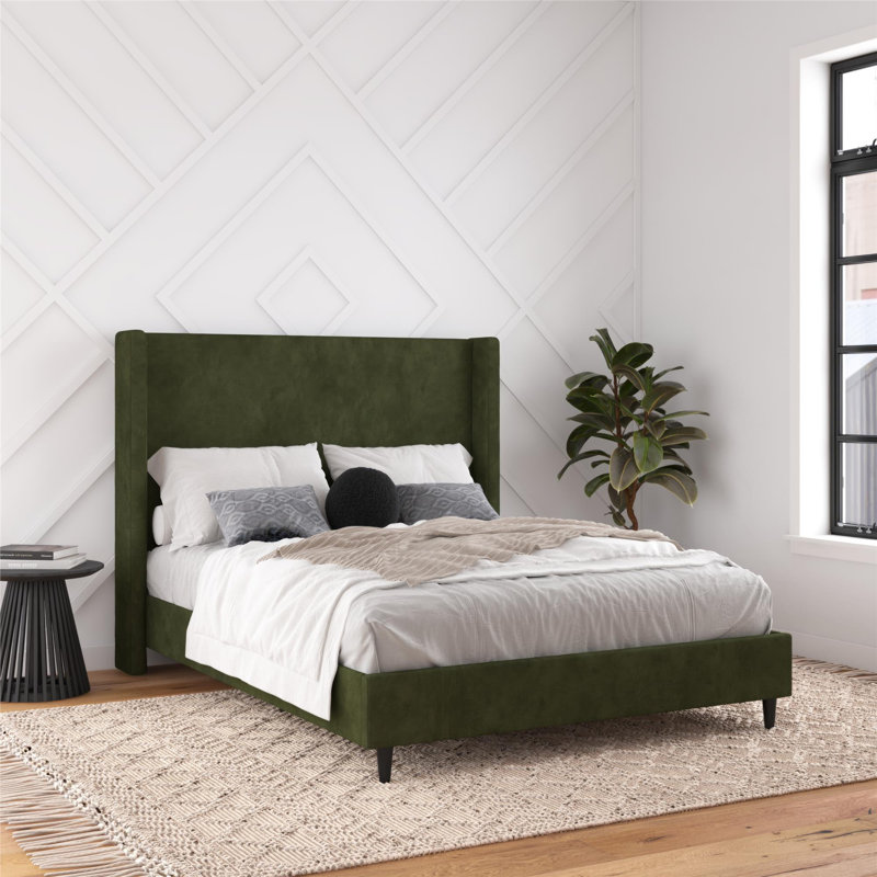 Ana Upholstered Wingback Bed, Green Velvet, Queen