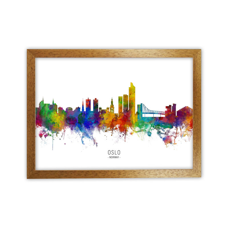 Oslo Norway Skyline by Michael Tompsett - Print, 34cm H x 46cm W x 3cm D, Brown Framed