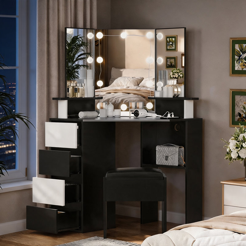 42 Inch Corner Vanity Mirror With Lights, Black