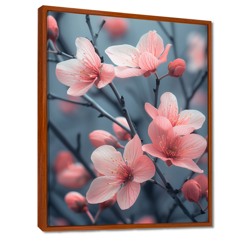  'Monochrome Cherry Blossom In The Wind IV - Cherry Blossom Wall Art, Gold Floater Framed, 34" H x 44" W