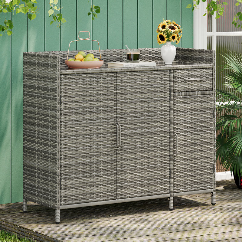 Outdoor Grill Cart PE Wicker Bar Cart and Cabinet with Storage, Gray